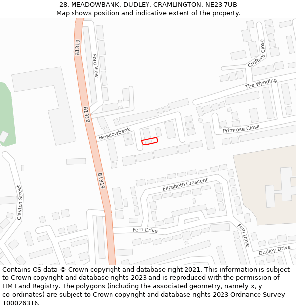 28, MEADOWBANK, DUDLEY, CRAMLINGTON, NE23 7UB: Location map and indicative extent of plot