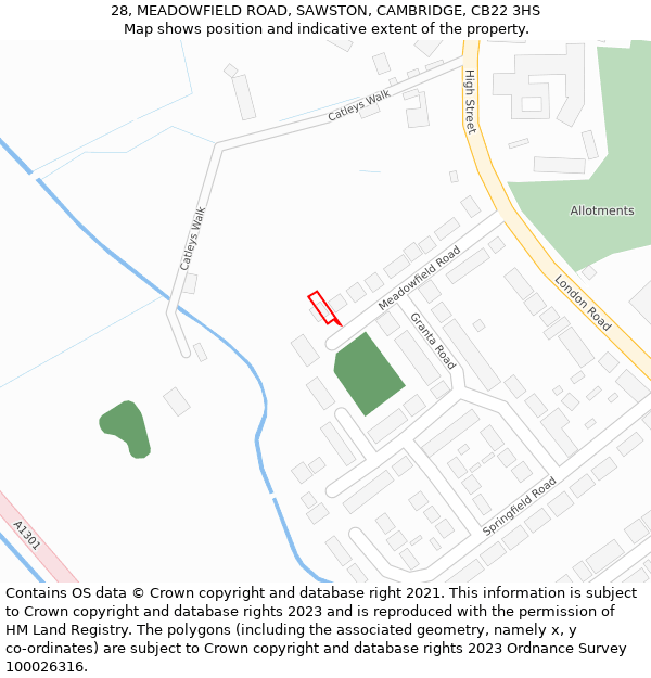 28, MEADOWFIELD ROAD, SAWSTON, CAMBRIDGE, CB22 3HS: Location map and indicative extent of plot