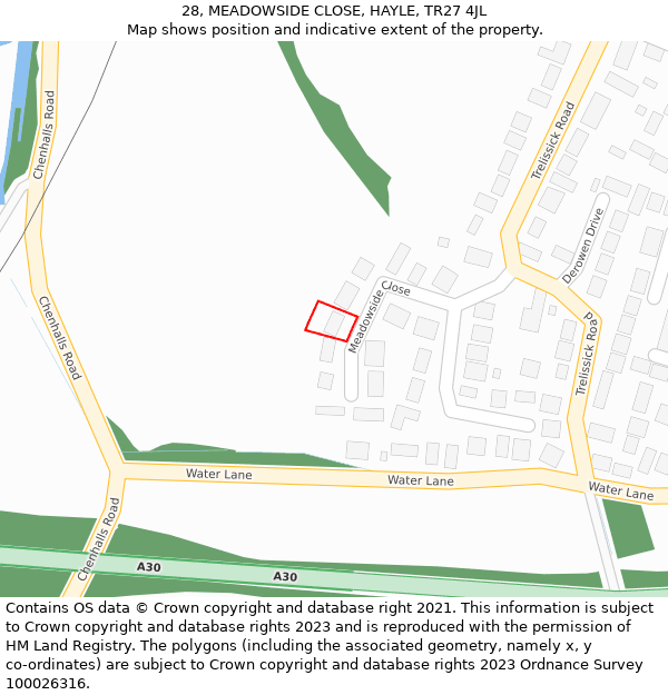 28, MEADOWSIDE CLOSE, HAYLE, TR27 4JL: Location map and indicative extent of plot