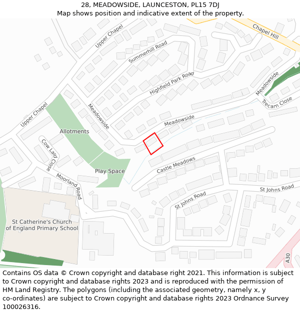 28, MEADOWSIDE, LAUNCESTON, PL15 7DJ: Location map and indicative extent of plot