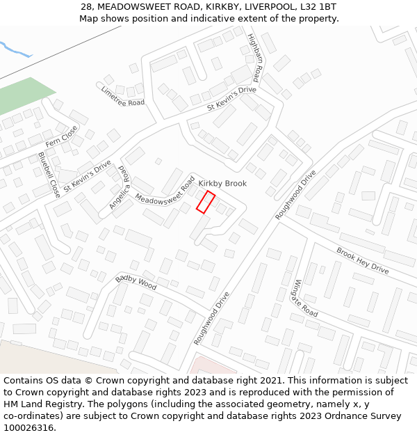 28, MEADOWSWEET ROAD, KIRKBY, LIVERPOOL, L32 1BT: Location map and indicative extent of plot