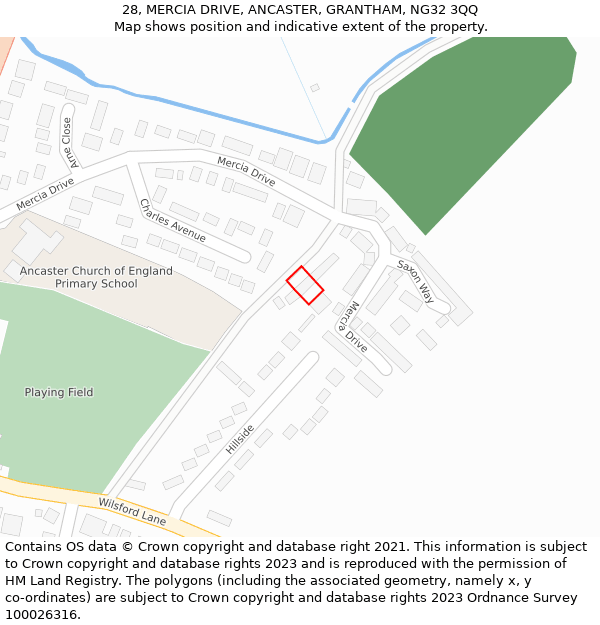 28, MERCIA DRIVE, ANCASTER, GRANTHAM, NG32 3QQ: Location map and indicative extent of plot