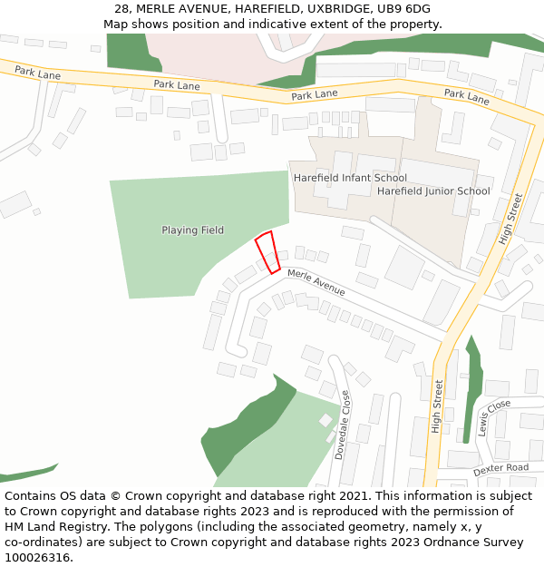 28, MERLE AVENUE, HAREFIELD, UXBRIDGE, UB9 6DG: Location map and indicative extent of plot
