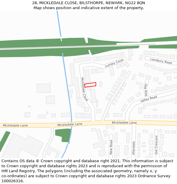 28, MICKLEDALE CLOSE, BILSTHORPE, NEWARK, NG22 8QN: Location map and indicative extent of plot