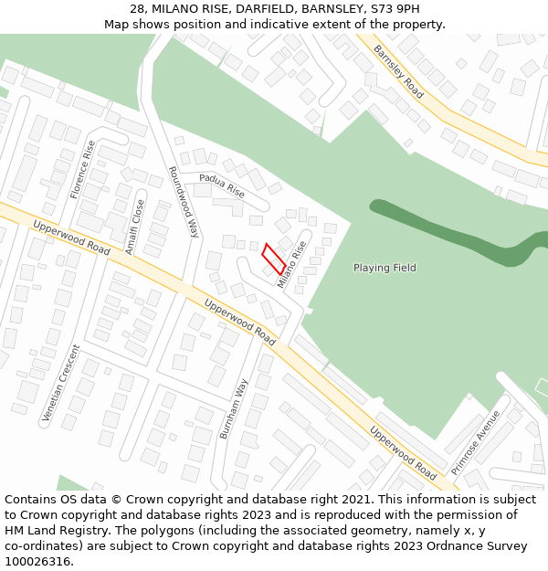 28, MILANO RISE, DARFIELD, BARNSLEY, S73 9PH: Location map and indicative extent of plot