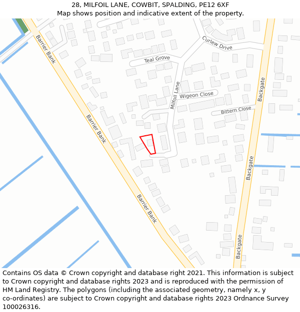 28, MILFOIL LANE, COWBIT, SPALDING, PE12 6XF: Location map and indicative extent of plot