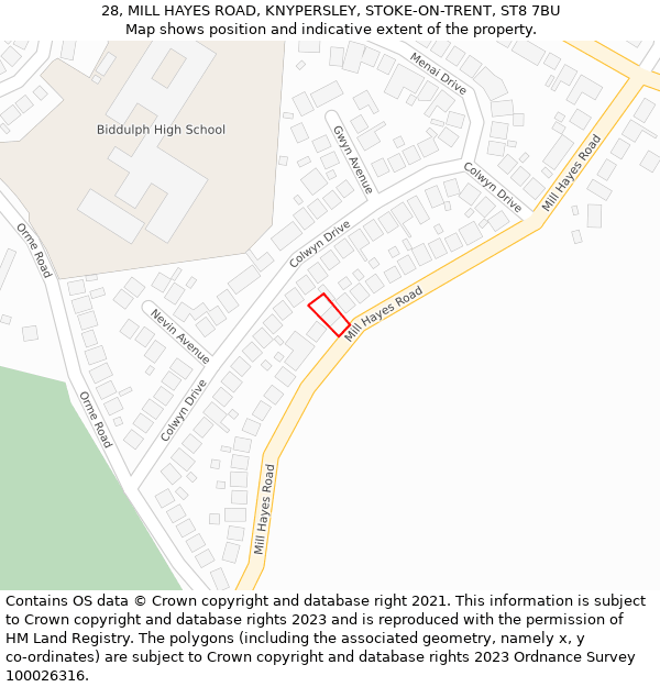 28, MILL HAYES ROAD, KNYPERSLEY, STOKE-ON-TRENT, ST8 7BU: Location map and indicative extent of plot