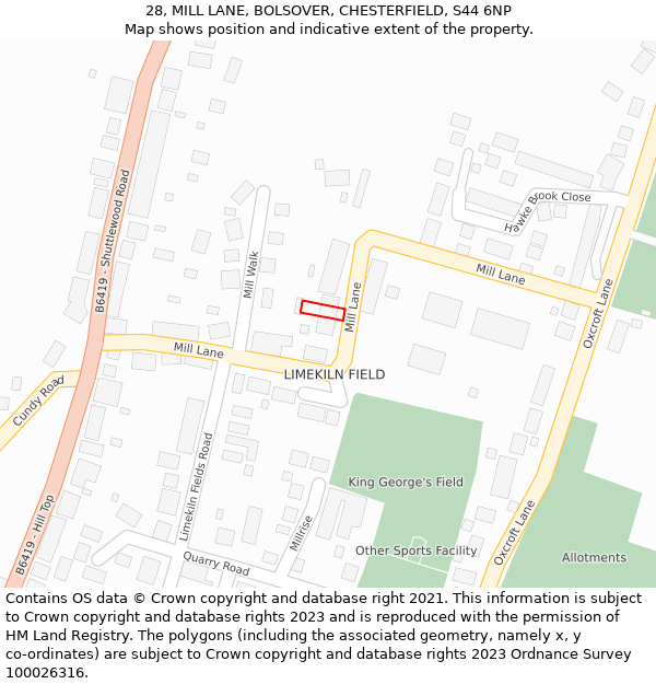 28, MILL LANE, BOLSOVER, CHESTERFIELD, S44 6NP: Location map and indicative extent of plot