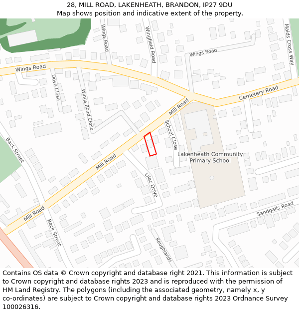 28, MILL ROAD, LAKENHEATH, BRANDON, IP27 9DU: Location map and indicative extent of plot