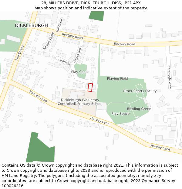 28, MILLERS DRIVE, DICKLEBURGH, DISS, IP21 4PX: Location map and indicative extent of plot