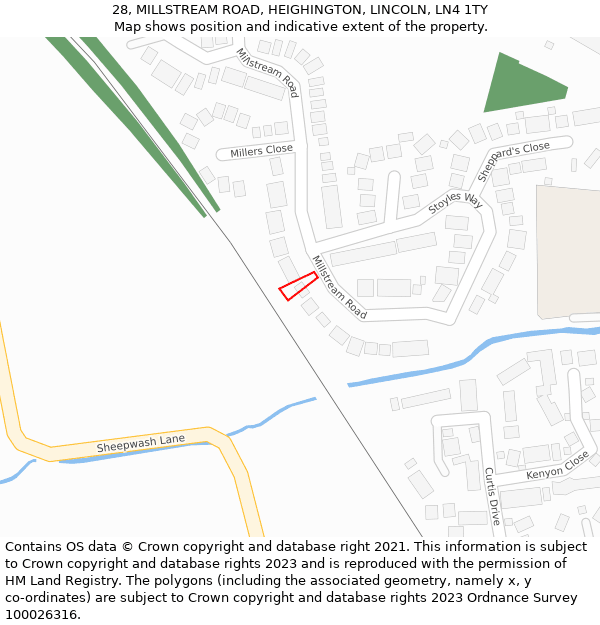 28, MILLSTREAM ROAD, HEIGHINGTON, LINCOLN, LN4 1TY: Location map and indicative extent of plot