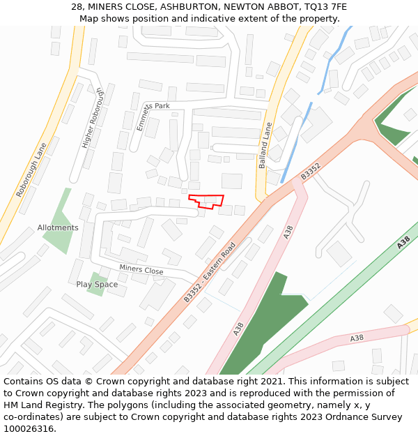 28, MINERS CLOSE, ASHBURTON, NEWTON ABBOT, TQ13 7FE: Location map and indicative extent of plot