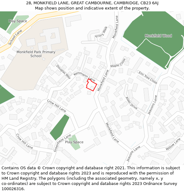 28, MONKFIELD LANE, GREAT CAMBOURNE, CAMBRIDGE, CB23 6AJ: Location map and indicative extent of plot