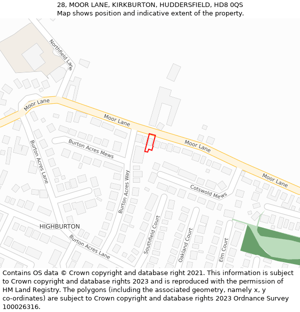 28, MOOR LANE, KIRKBURTON, HUDDERSFIELD, HD8 0QS: Location map and indicative extent of plot