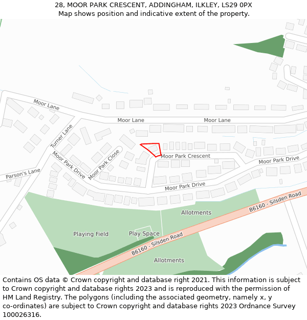 28, MOOR PARK CRESCENT, ADDINGHAM, ILKLEY, LS29 0PX: Location map and indicative extent of plot