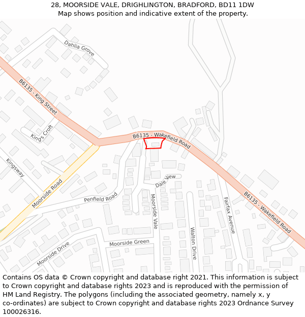 28, MOORSIDE VALE, DRIGHLINGTON, BRADFORD, BD11 1DW: Location map and indicative extent of plot