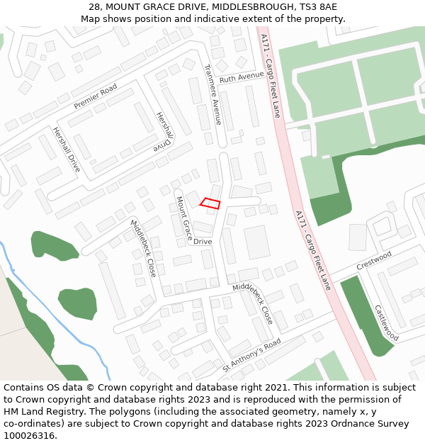 28, MOUNT GRACE DRIVE, MIDDLESBROUGH, TS3 8AE: Location map and indicative extent of plot