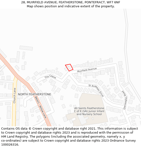 28, MUIRFIELD AVENUE, FEATHERSTONE, PONTEFRACT, WF7 6NF: Location map and indicative extent of plot