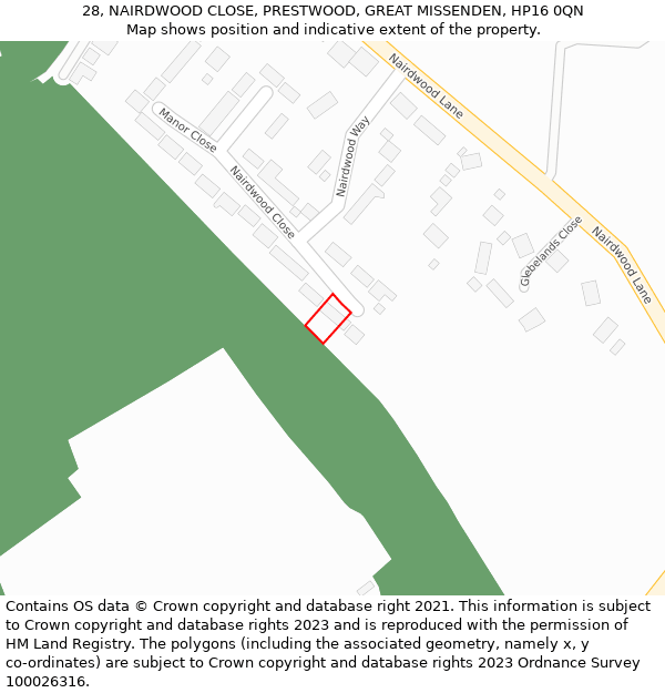 28, NAIRDWOOD CLOSE, PRESTWOOD, GREAT MISSENDEN, HP16 0QN: Location map and indicative extent of plot