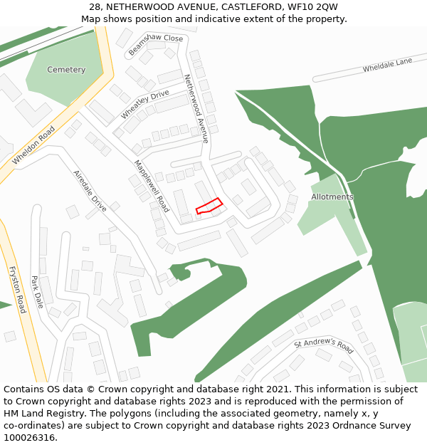 28, NETHERWOOD AVENUE, CASTLEFORD, WF10 2QW: Location map and indicative extent of plot