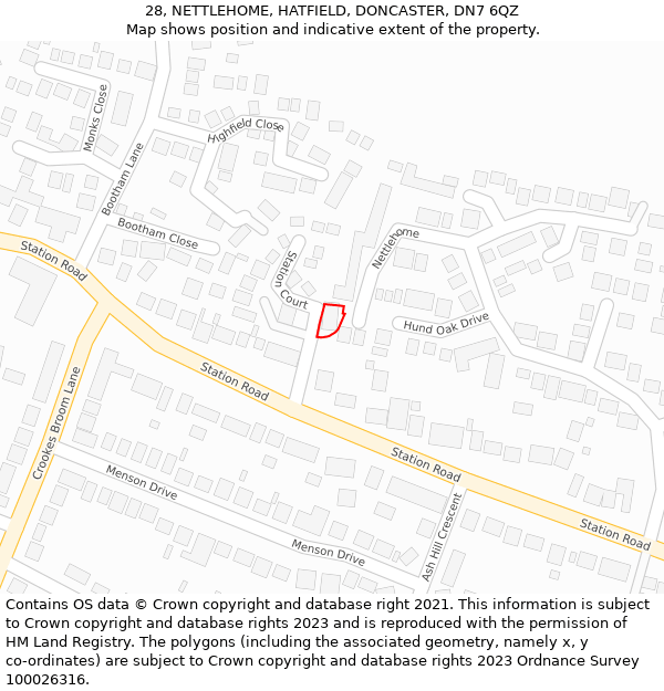 28, NETTLEHOME, HATFIELD, DONCASTER, DN7 6QZ: Location map and indicative extent of plot