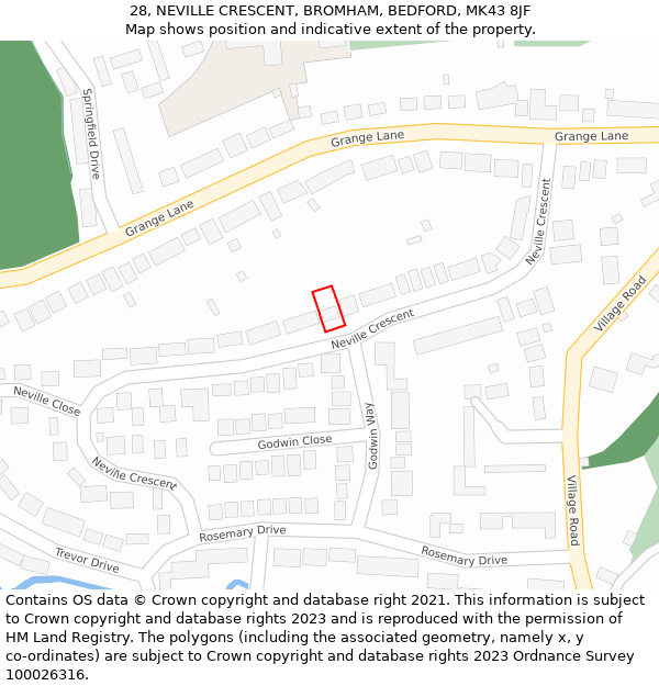 28, NEVILLE CRESCENT, BROMHAM, BEDFORD, MK43 8JF: Location map and indicative extent of plot