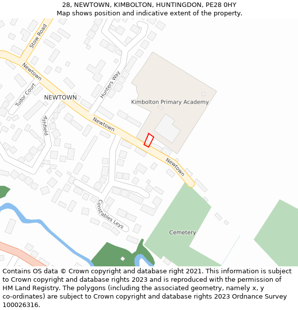 28, NEWTOWN, KIMBOLTON, HUNTINGDON, PE28 0HY: Location map and indicative extent of plot