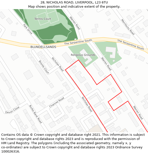 28, NICHOLAS ROAD, LIVERPOOL, L23 6TU: Location map and indicative extent of plot