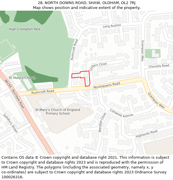 28, NORTH DOWNS ROAD, SHAW, OLDHAM, OL2 7RJ: Location map and indicative extent of plot