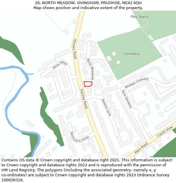 28, NORTH MEADOW, OVINGHAM, PRUDHOE, NE42 6QH: Location map and indicative extent of plot