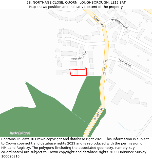 28, NORTHAGE CLOSE, QUORN, LOUGHBOROUGH, LE12 8AT: Location map and indicative extent of plot