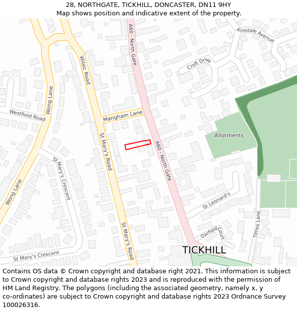 28, NORTHGATE, TICKHILL, DONCASTER, DN11 9HY: Location map and indicative extent of plot