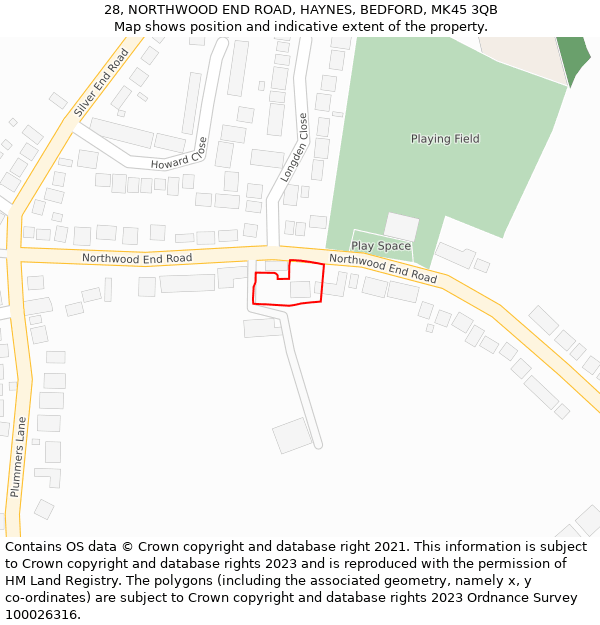 28, NORTHWOOD END ROAD, HAYNES, BEDFORD, MK45 3QB: Location map and indicative extent of plot