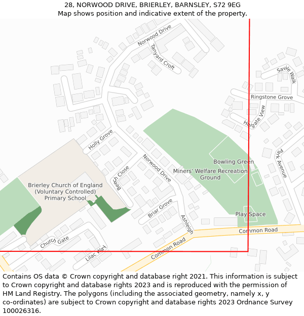 28, NORWOOD DRIVE, BRIERLEY, BARNSLEY, S72 9EG: Location map and indicative extent of plot