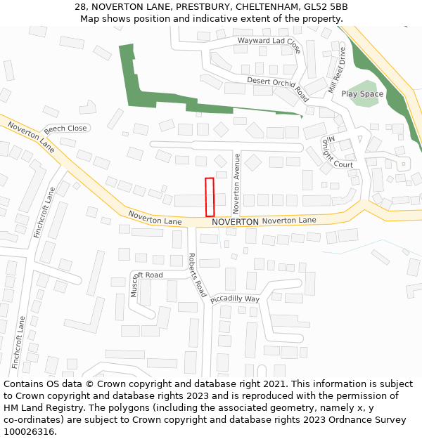 28, NOVERTON LANE, PRESTBURY, CHELTENHAM, GL52 5BB: Location map and indicative extent of plot