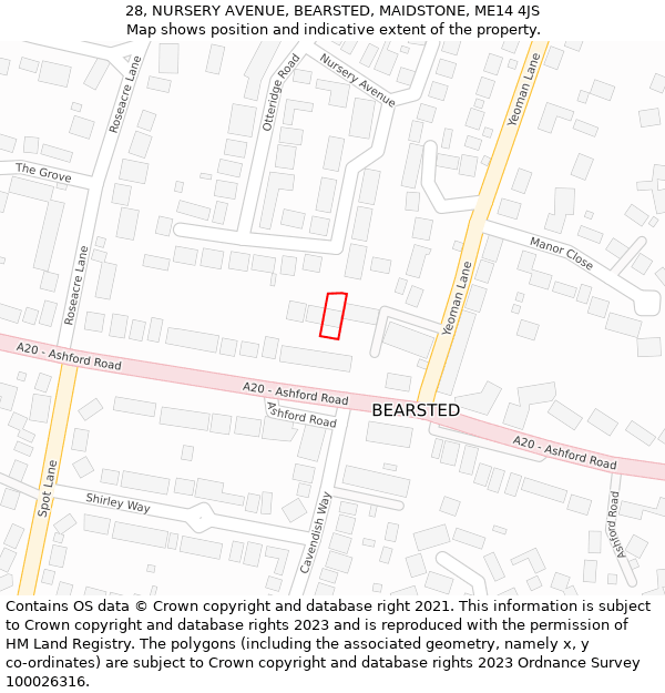 28, NURSERY AVENUE, BEARSTED, MAIDSTONE, ME14 4JS: Location map and indicative extent of plot