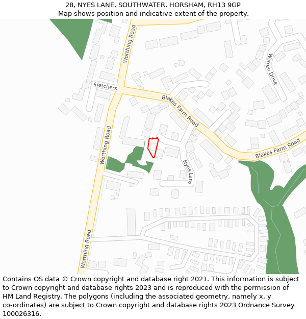 28, NYES LANE, SOUTHWATER, HORSHAM, RH13 9GP: Location map and indicative extent of plot