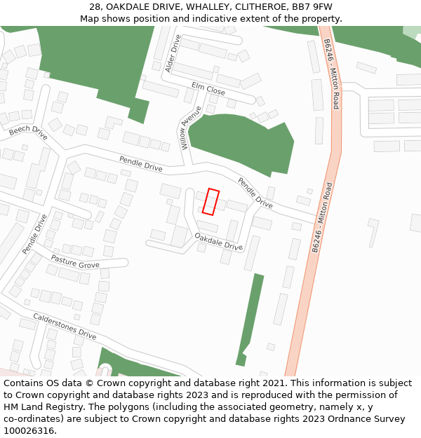 28, OAKDALE DRIVE, WHALLEY, CLITHEROE, BB7 9FW: Location map and indicative extent of plot