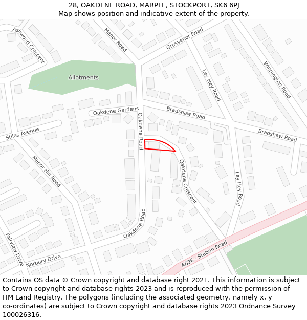 28, OAKDENE ROAD, MARPLE, STOCKPORT, SK6 6PJ: Location map and indicative extent of plot