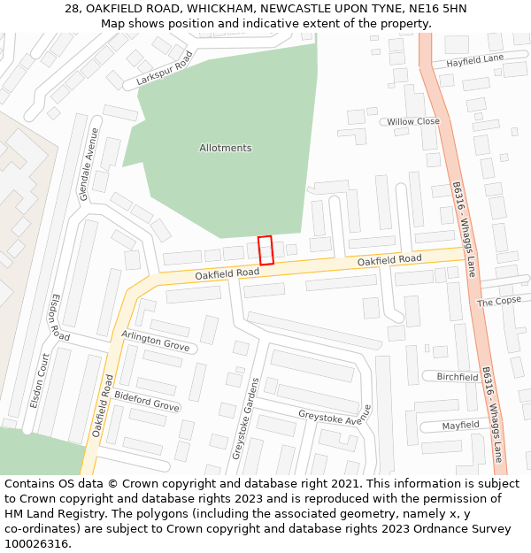 28, OAKFIELD ROAD, WHICKHAM, NEWCASTLE UPON TYNE, NE16 5HN: Location map and indicative extent of plot