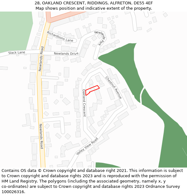 28, OAKLAND CRESCENT, RIDDINGS, ALFRETON, DE55 4EF: Location map and indicative extent of plot