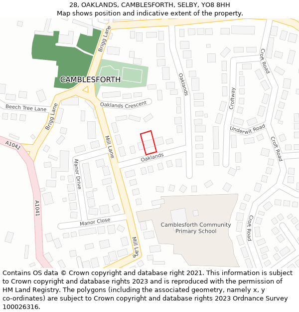 28, OAKLANDS, CAMBLESFORTH, SELBY, YO8 8HH: Location map and indicative extent of plot