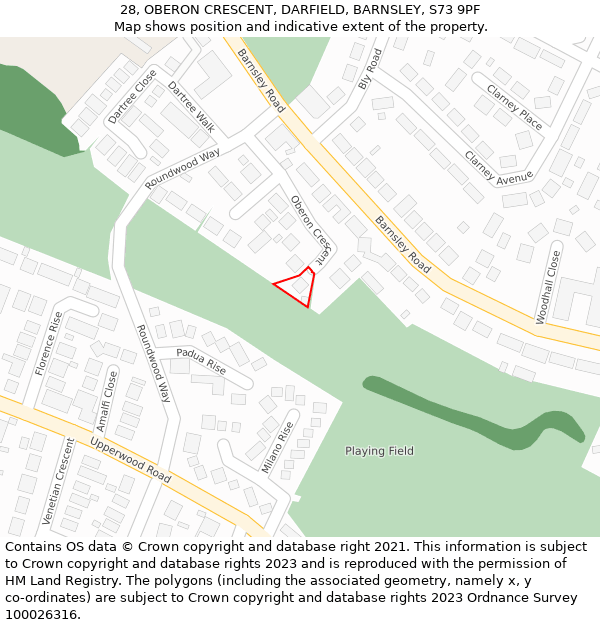 28, OBERON CRESCENT, DARFIELD, BARNSLEY, S73 9PF: Location map and indicative extent of plot