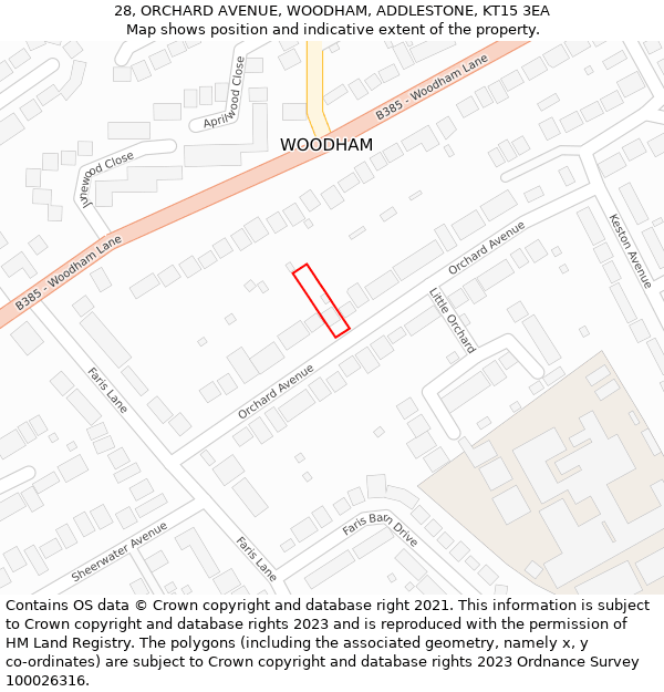 28, ORCHARD AVENUE, WOODHAM, ADDLESTONE, KT15 3EA: Location map and indicative extent of plot