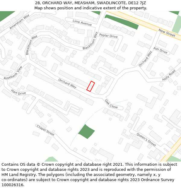 28, ORCHARD WAY, MEASHAM, SWADLINCOTE, DE12 7JZ: Location map and indicative extent of plot