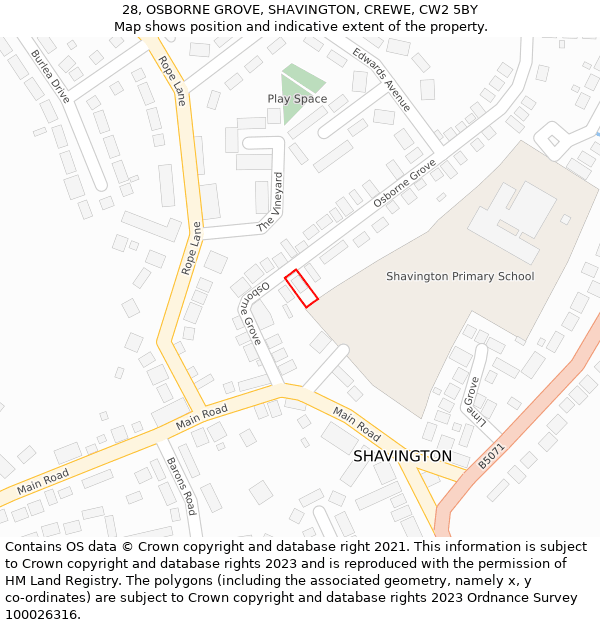 28, OSBORNE GROVE, SHAVINGTON, CREWE, CW2 5BY: Location map and indicative extent of plot