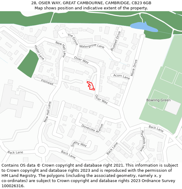 28, OSIER WAY, GREAT CAMBOURNE, CAMBRIDGE, CB23 6GB: Location map and indicative extent of plot