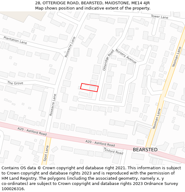 28, OTTERIDGE ROAD, BEARSTED, MAIDSTONE, ME14 4JR: Location map and indicative extent of plot