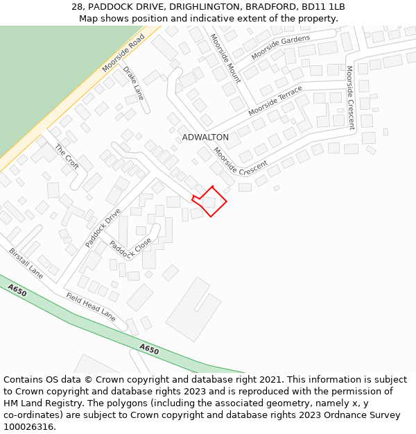 28, PADDOCK DRIVE, DRIGHLINGTON, BRADFORD, BD11 1LB: Location map and indicative extent of plot