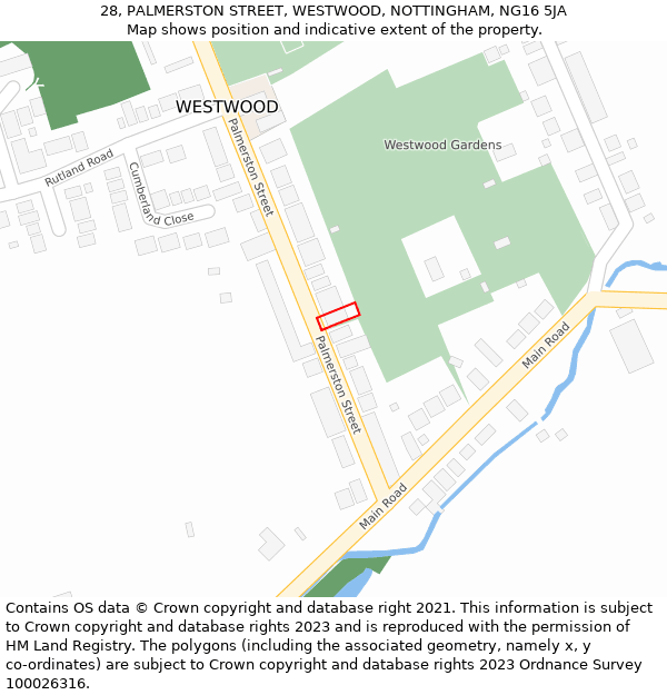 28, PALMERSTON STREET, WESTWOOD, NOTTINGHAM, NG16 5JA: Location map and indicative extent of plot